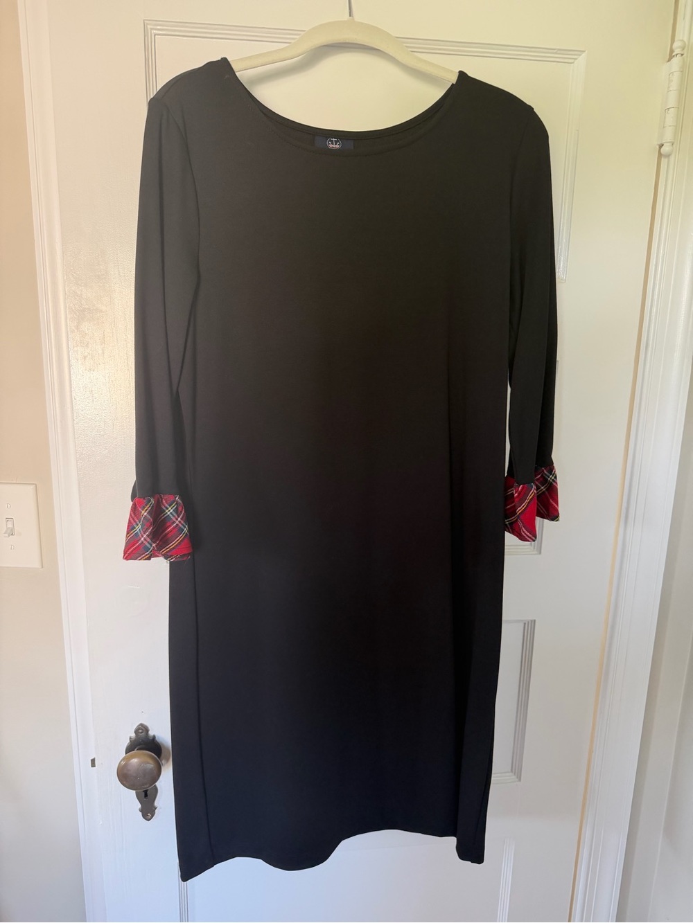 Women’s Black Long Sleeve Knit Dress with Red Plaid Cuff